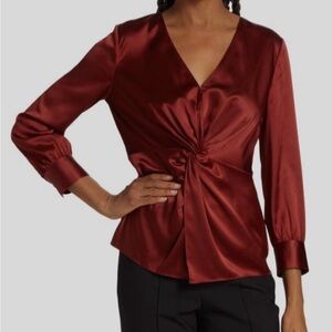 NWT Theory Red Silk Twist Front Blouse Top Size 0